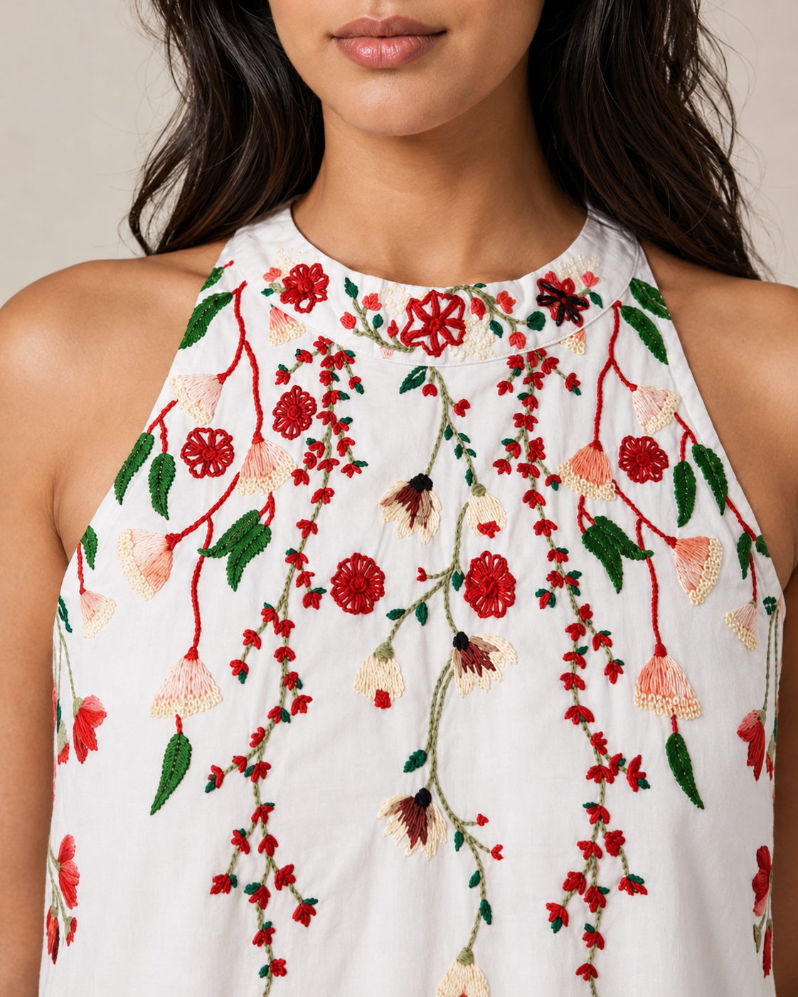 White Floral Hand Embroidered Sleeveless Cotton Top