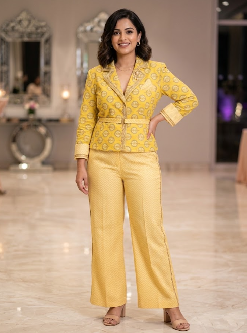 A woman modeling a yellow two-piece suit with a subtle circular pattern, featuring a blazer jacket and wide-leg trousers, standing in an elegant indoor setting.