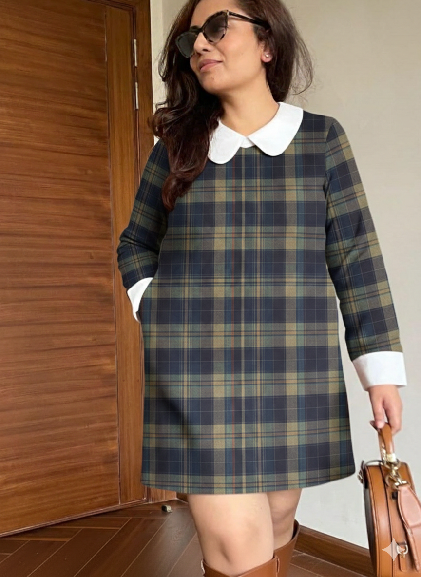 Navy Blue Plaid Check A-Line Mini Dress