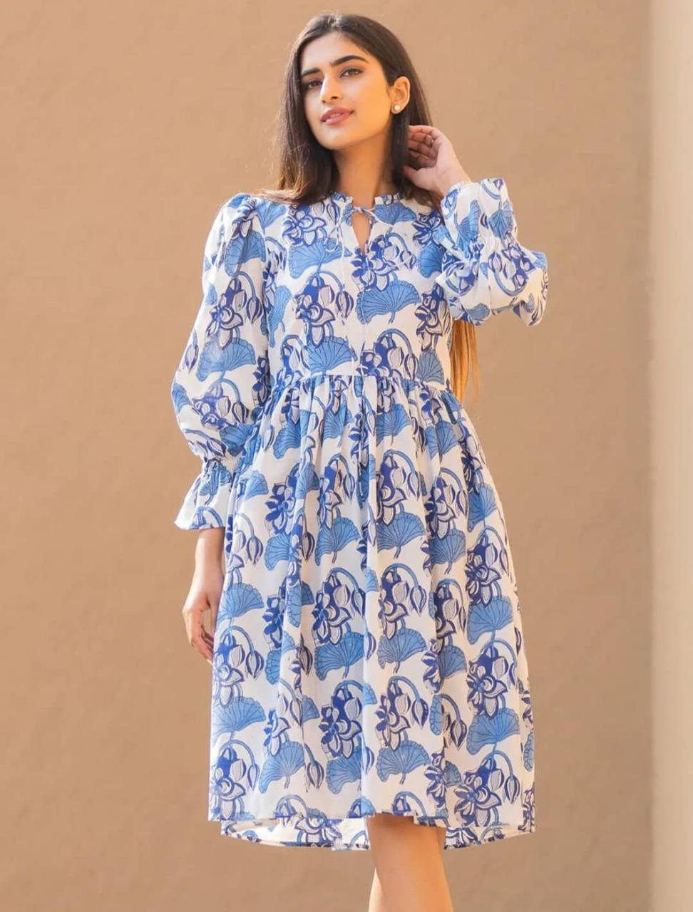 White Blue Floral Print A-Line Midi Dress for Women