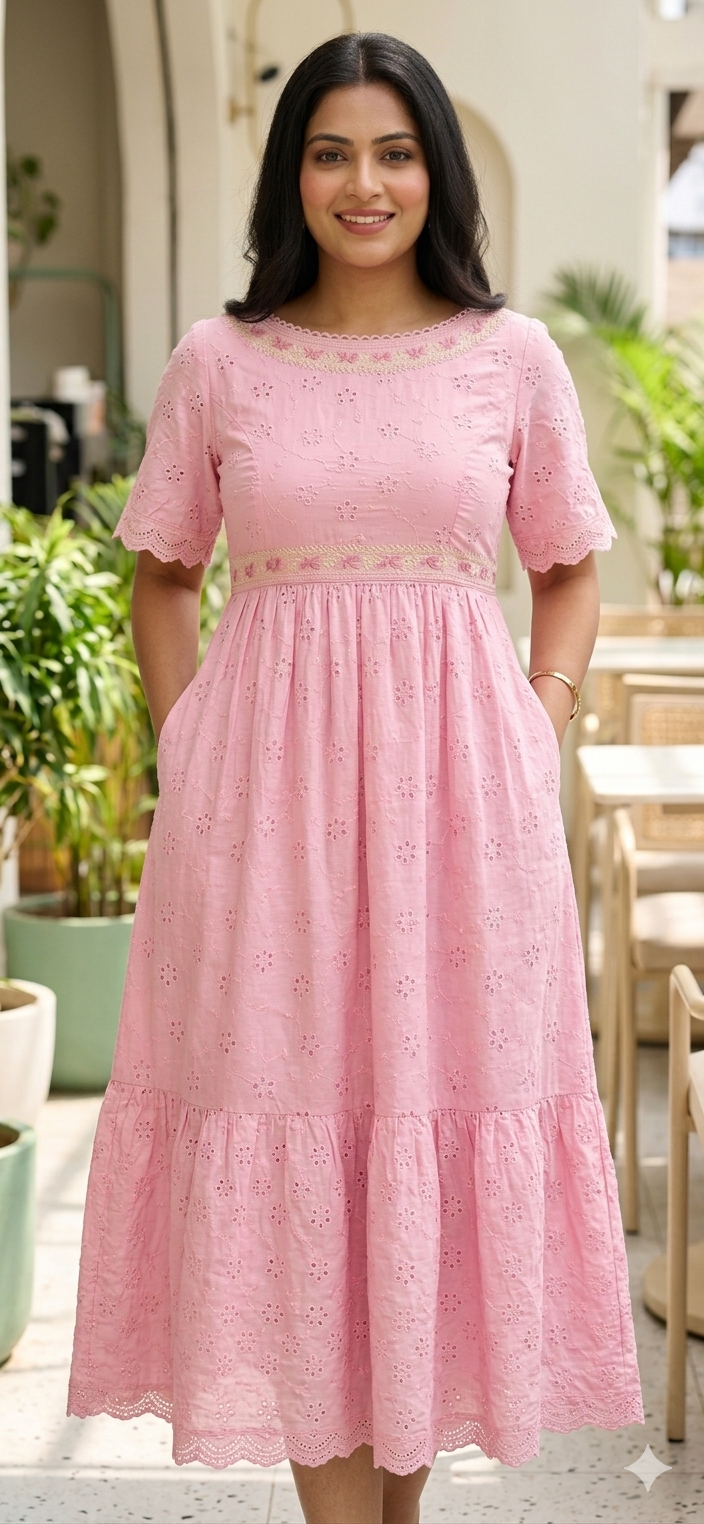 Pink Hakoba Embroidered Tiered Midi Dress for Women