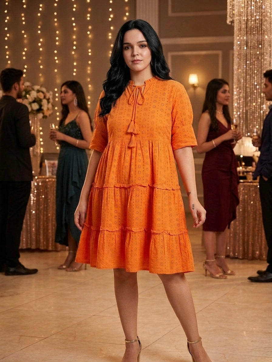 Orange Printed Tiered Midi Dress for Women