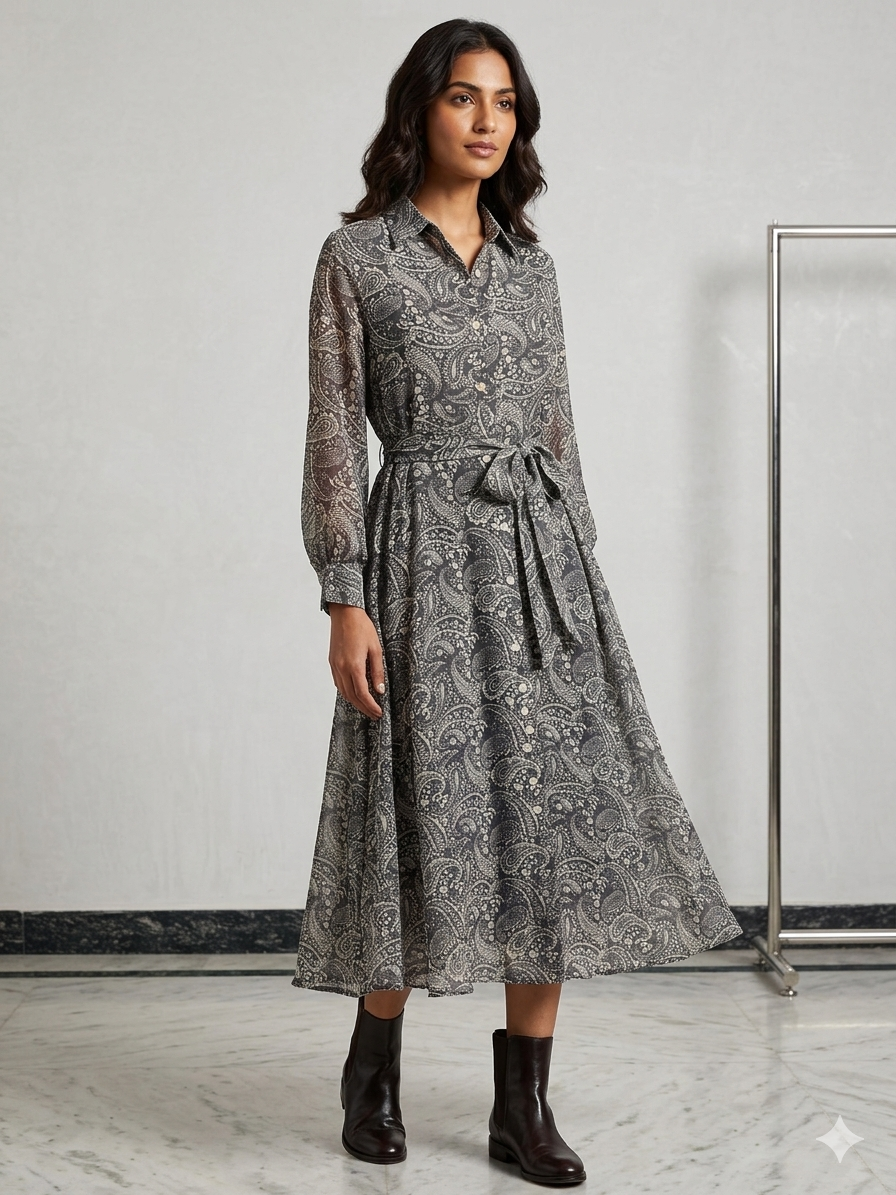 Charcoal Grey Paisley Print Belted Midi Dress for Women