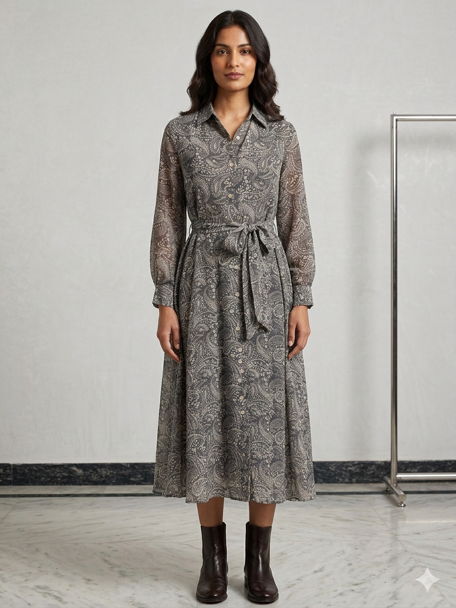 Charcoal Grey Paisley Print Belted Midi Dress for Women