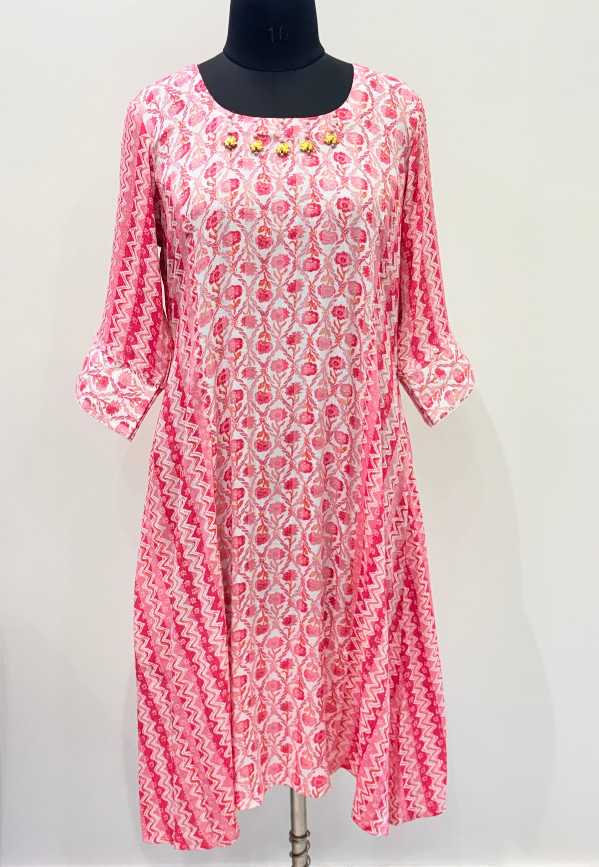 Pink Floral Printed A-Line Ethnic Dress with Hand Detailing for Women