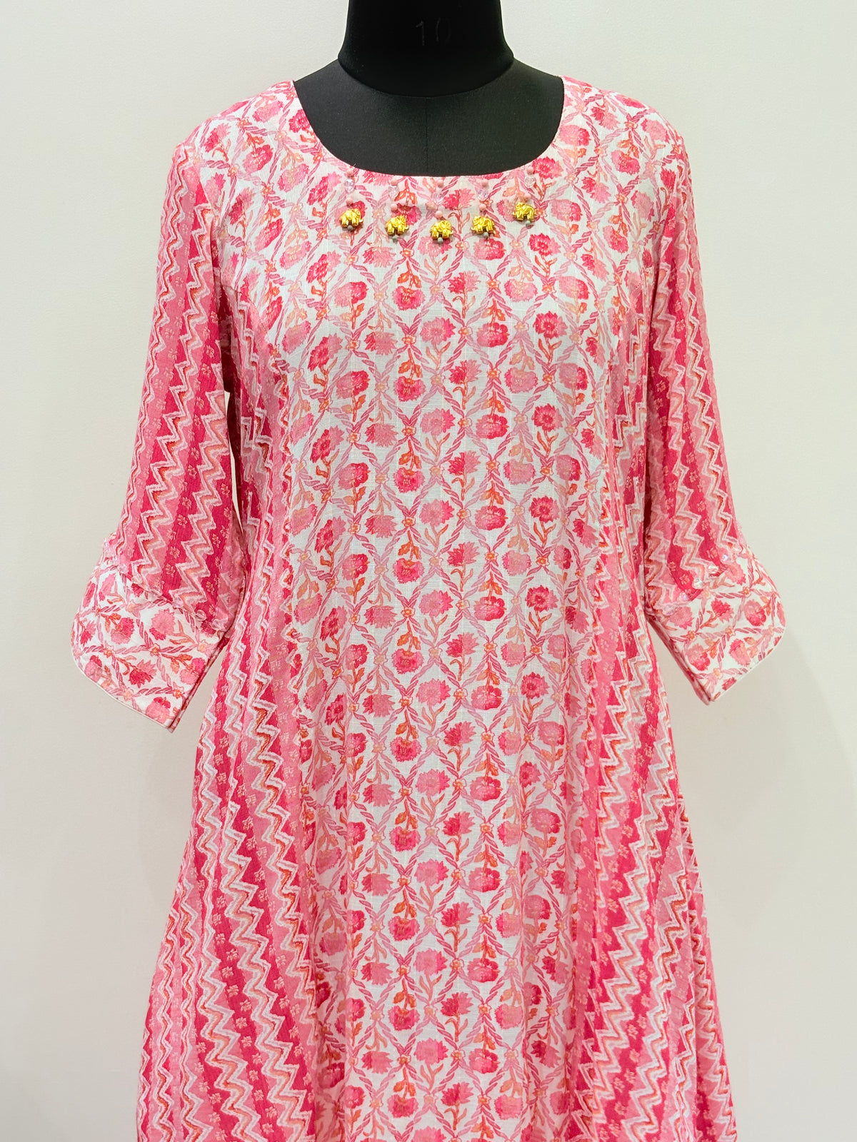 Pink Floral Printed A-Line Ethnic Dress with Hand Detailing for Women
