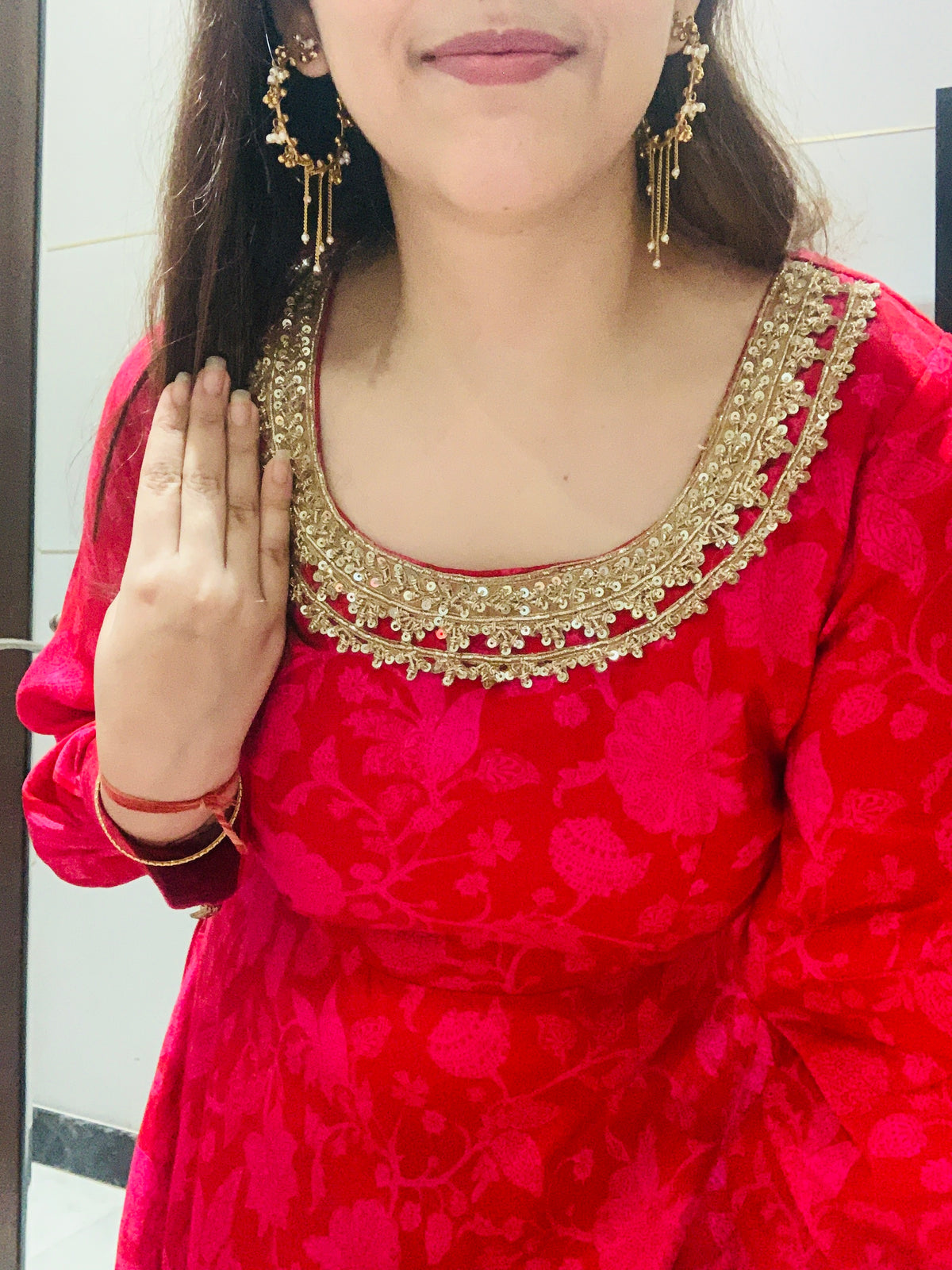 Red Jacquard A-Line Anarkali Dress for Women