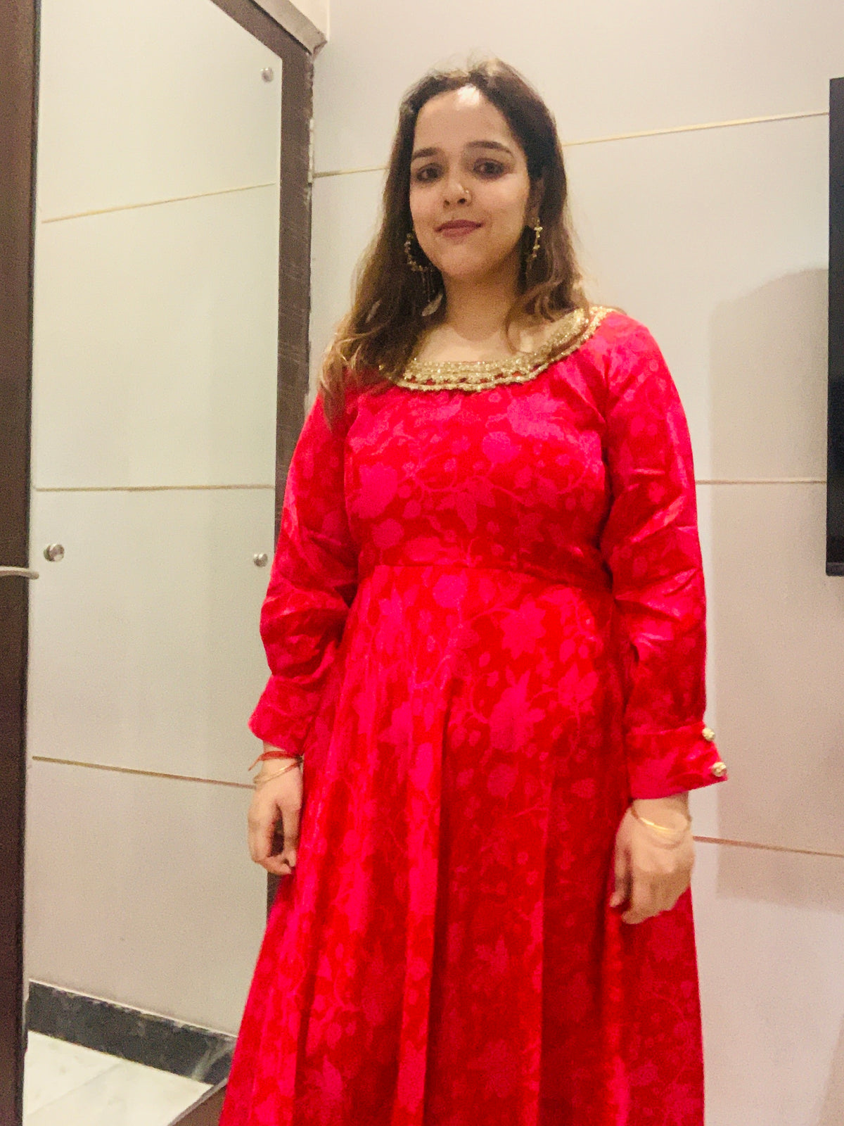 Red Jacquard A-Line Anarkali Dress for Women