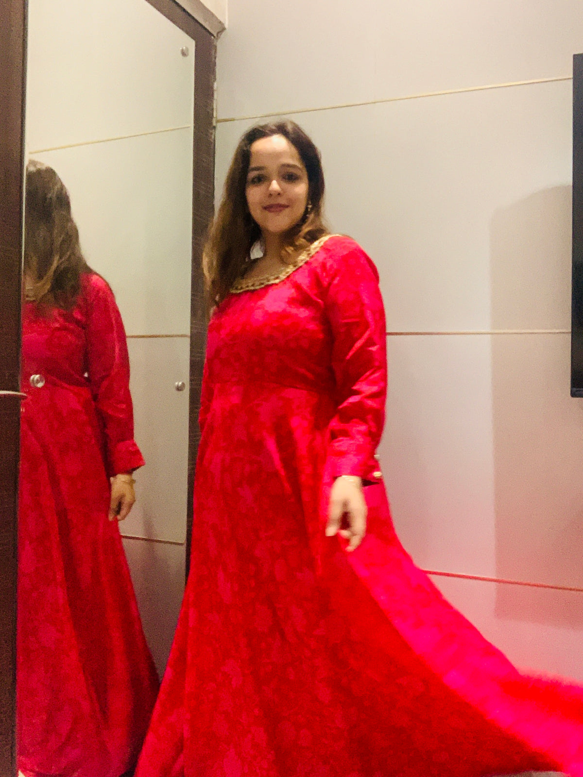 Red Jacquard A-Line Anarkali Dress for Women