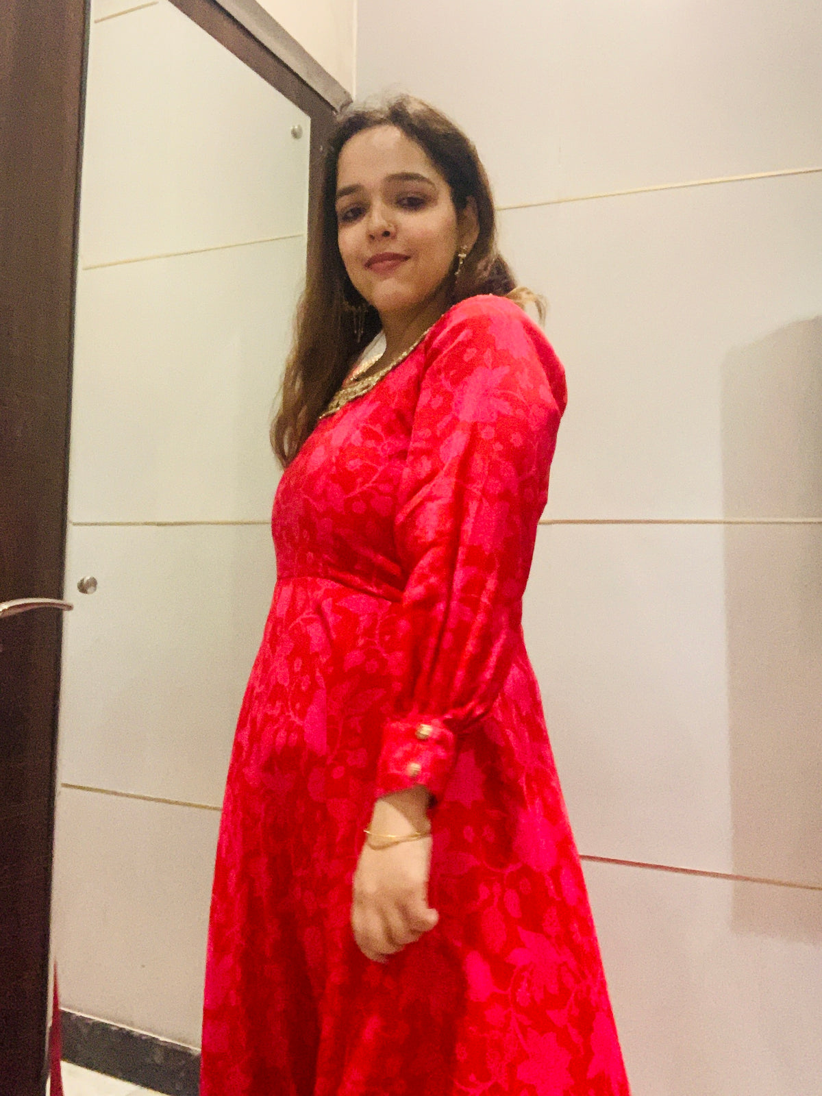 Red Jacquard A-Line Anarkali Dress for Women