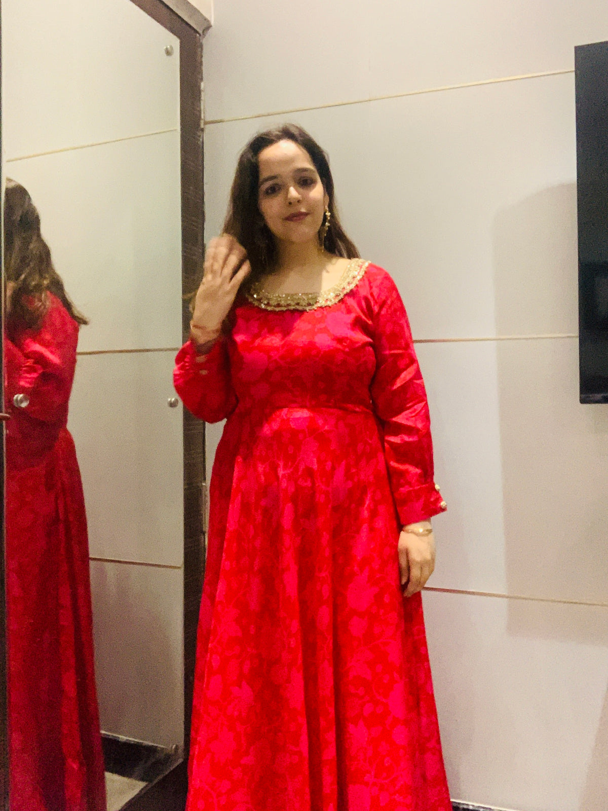 Red Jacquard A-Line Anarkali Dress for Women