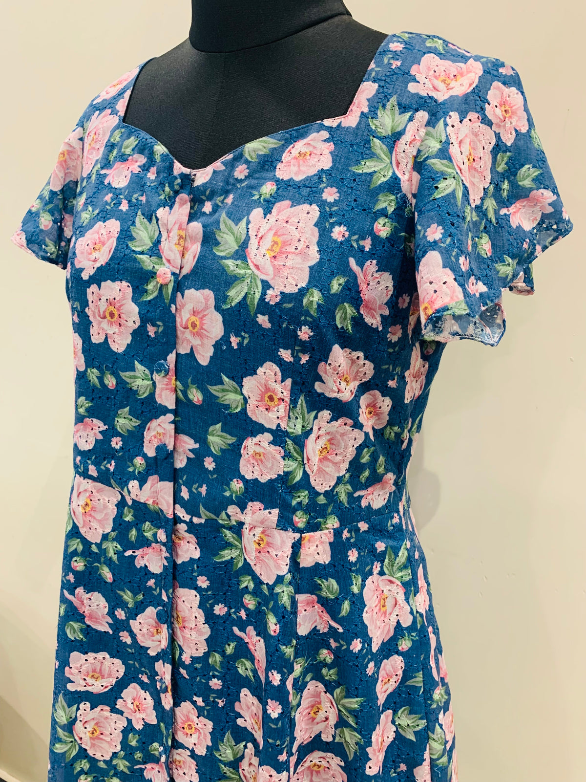 Teal Blue Pink Floral Print A-Line Hakoba Embroidery Dress for Women