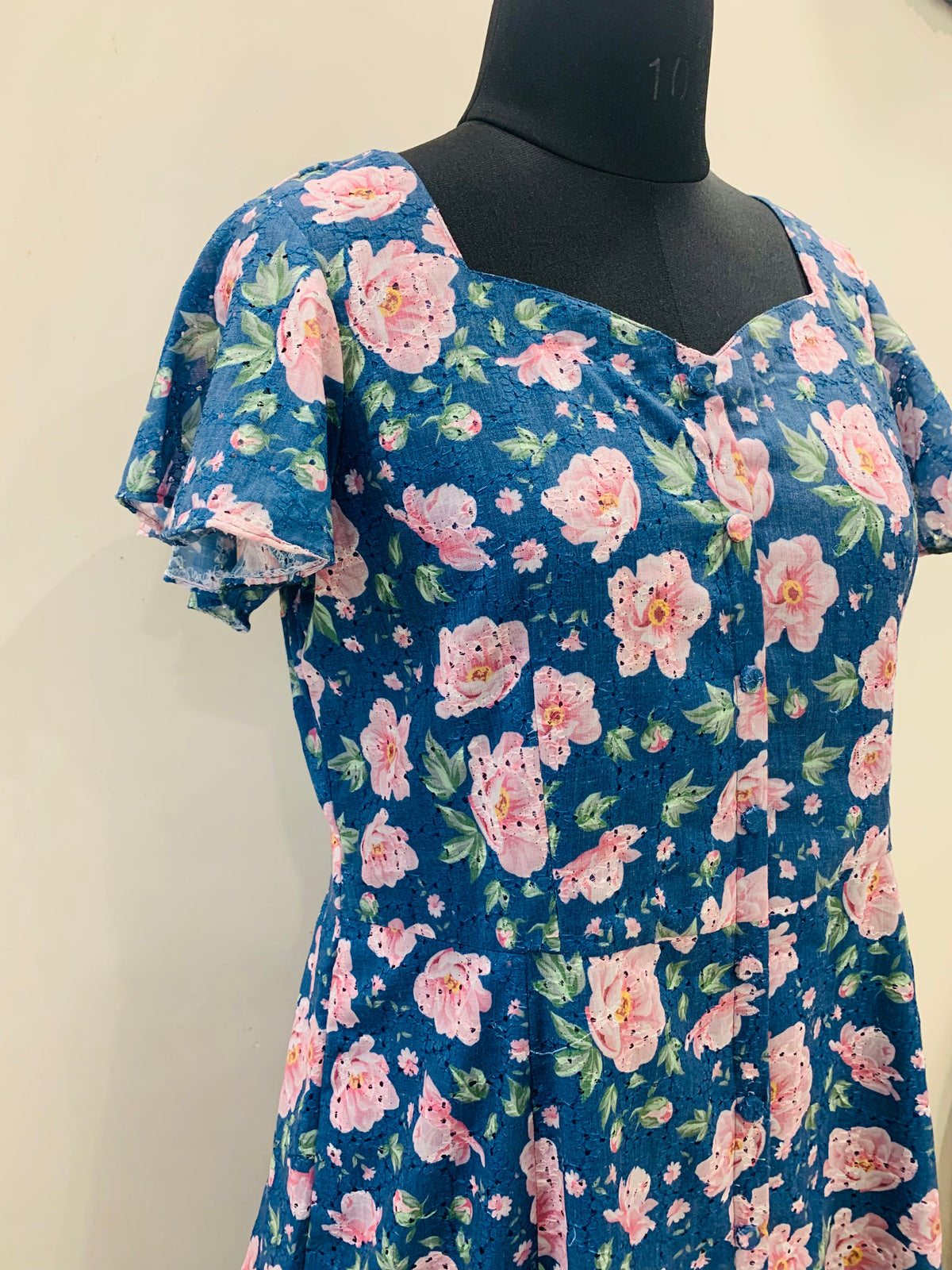 Teal Blue Pink Floral Print A-Line Hakoba Embroidery Dress for Women
