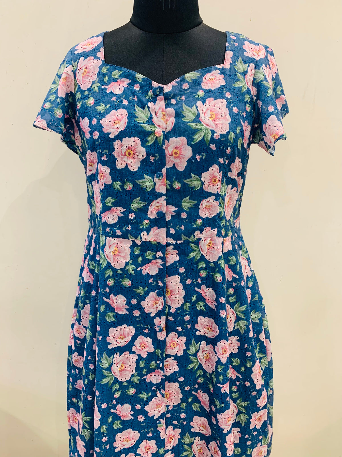 Teal Blue Pink Floral Print A-Line Hakoba Embroidery Dress for Women