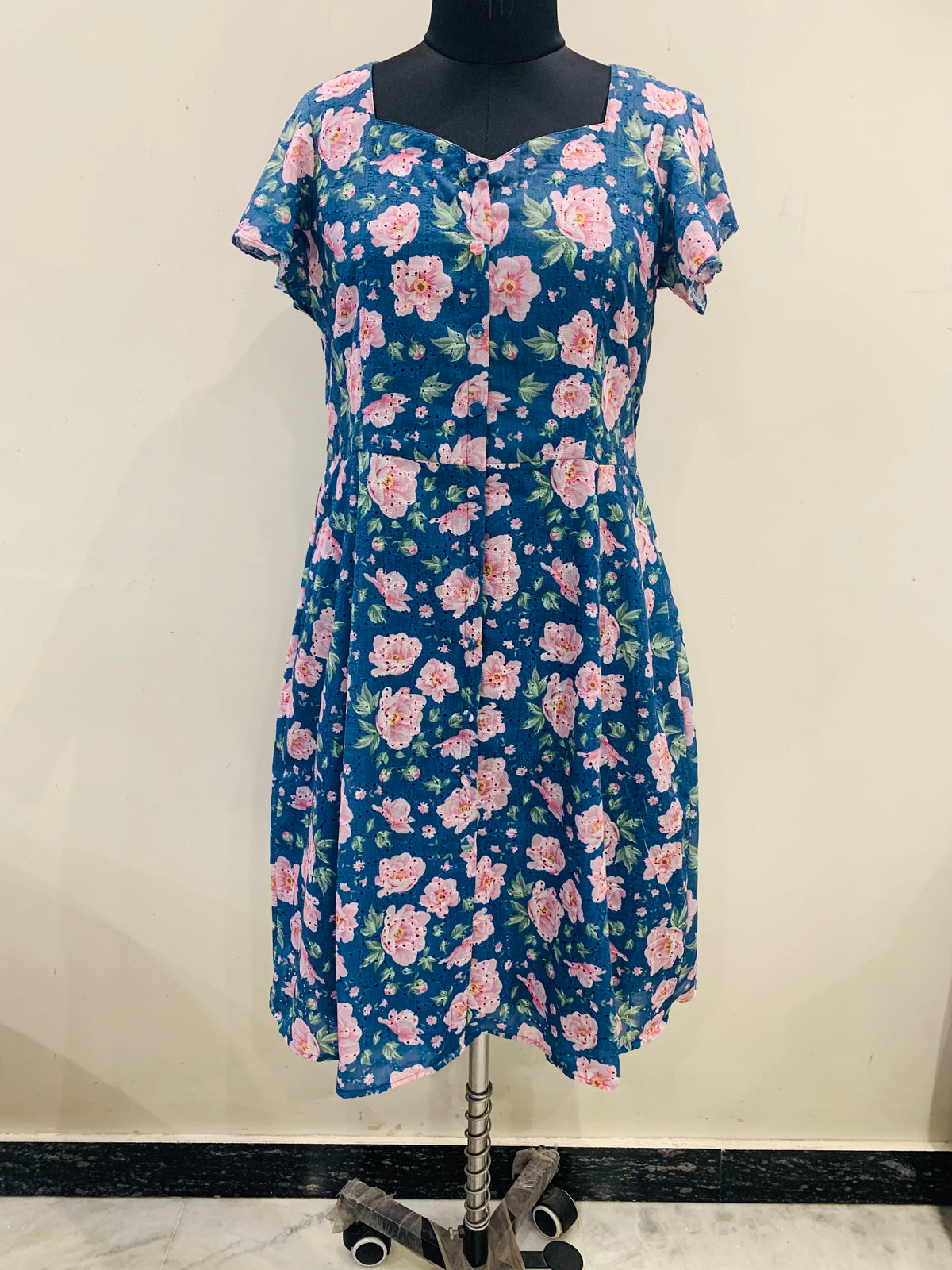 Teal Blue Pink Floral Print A-Line Hakoba Embroidery Dress for Women