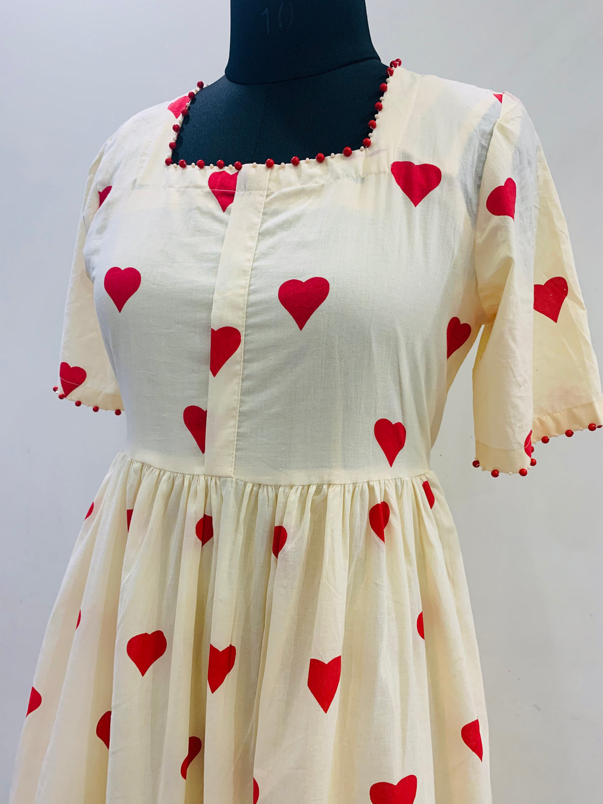 Ivory Red Heart Print Hand Embellishment Midi Dress for Women