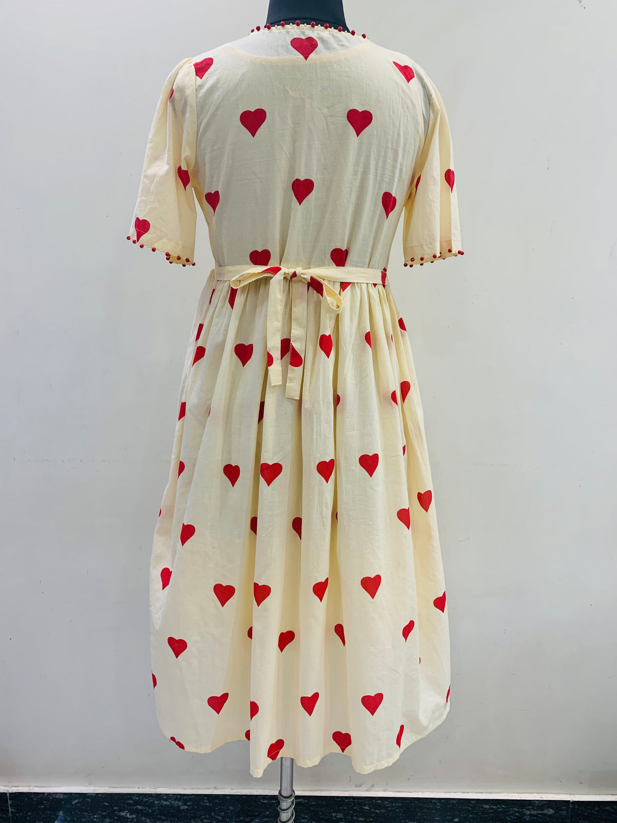 Ivory Red Heart Print Hand Embellishment Midi Dress for Women