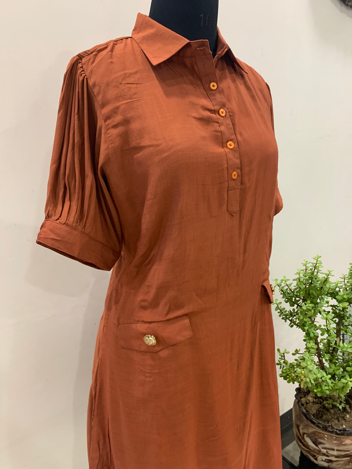 Rust Brown Collared Pocket Midi Dress for Women