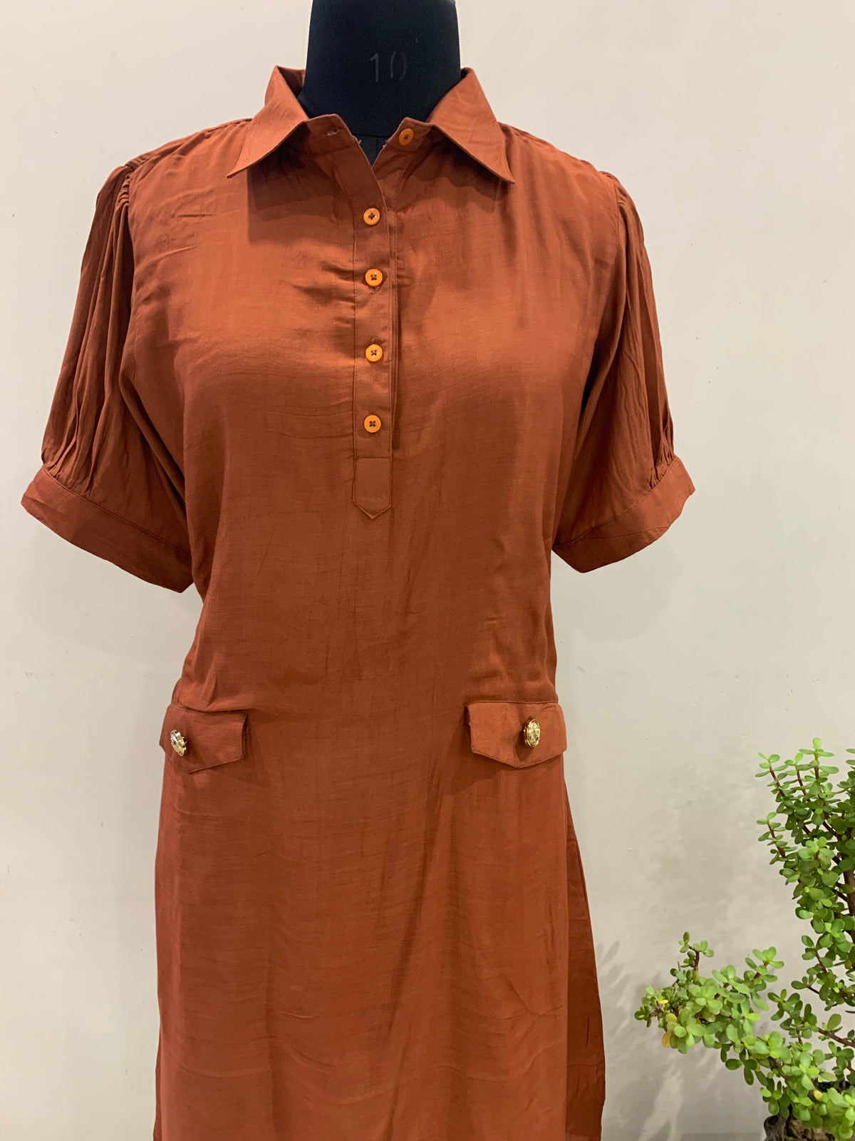 Rust Brown Collared Pocket Midi Dress for Women