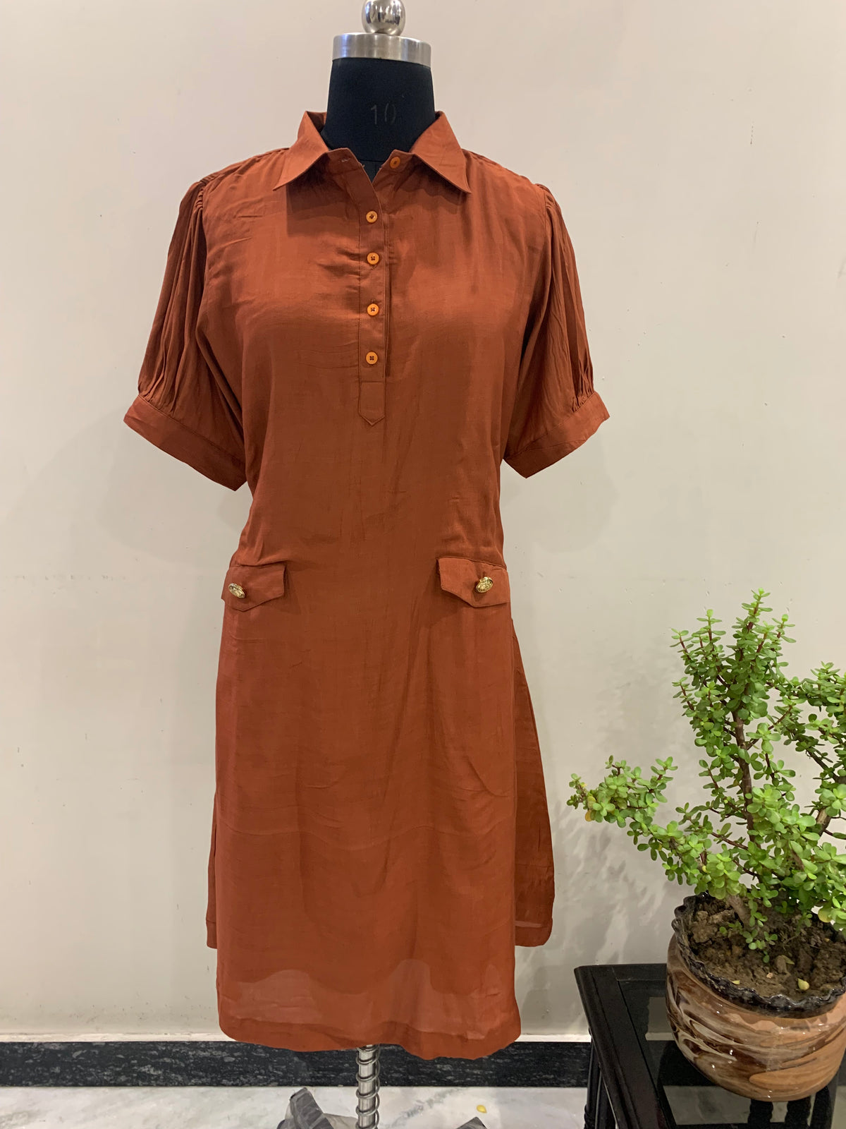 Rust Brown Collared Pocket Midi Dress for Women