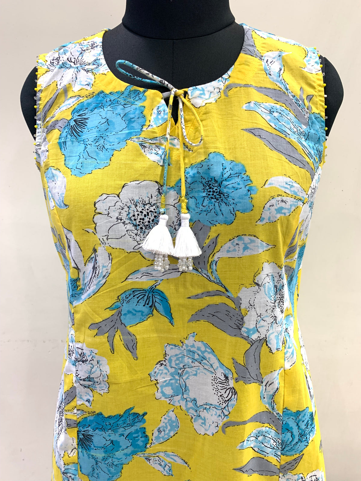 Yellow Blue Floral Print Sleeveless Dress for Women