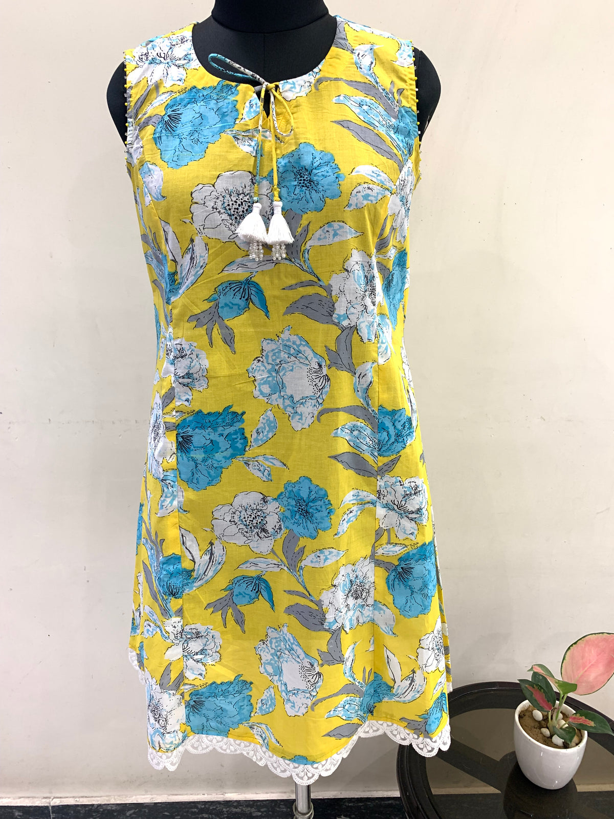 Yellow Blue Floral Print Sleeveless Dress for Women