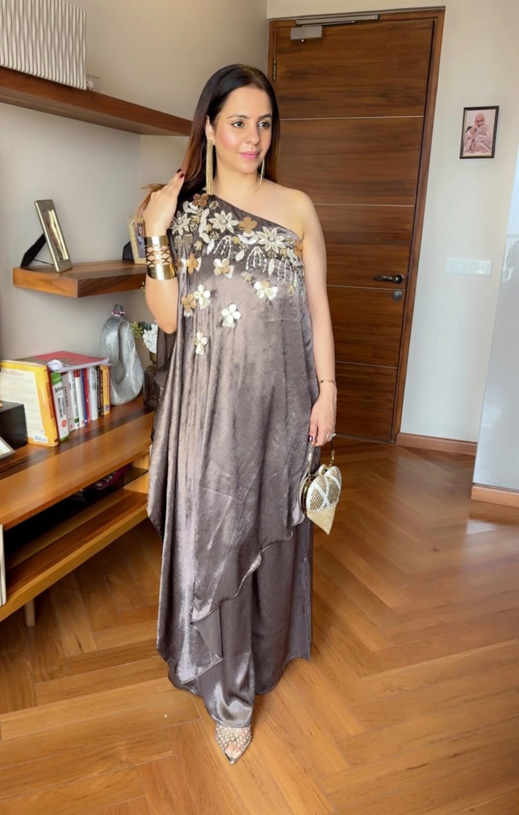 Charcoal Grey Floral Embroidered One-Shoulder Draped Dress