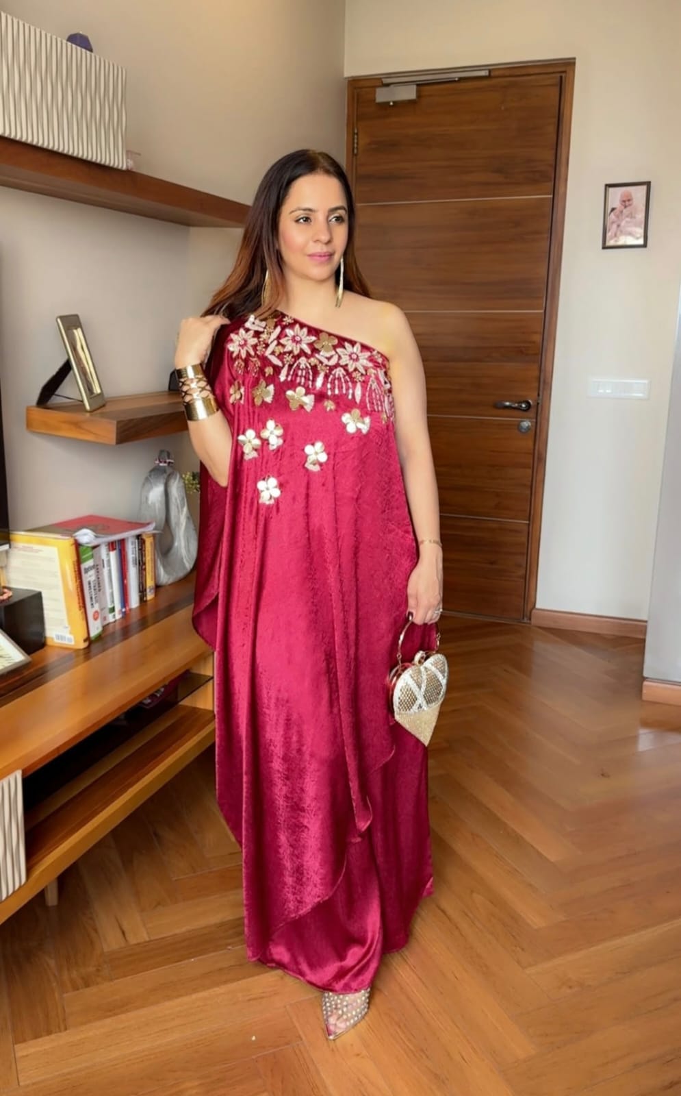 Magenta Floral Embroidered One-Shoulder Draped Dress