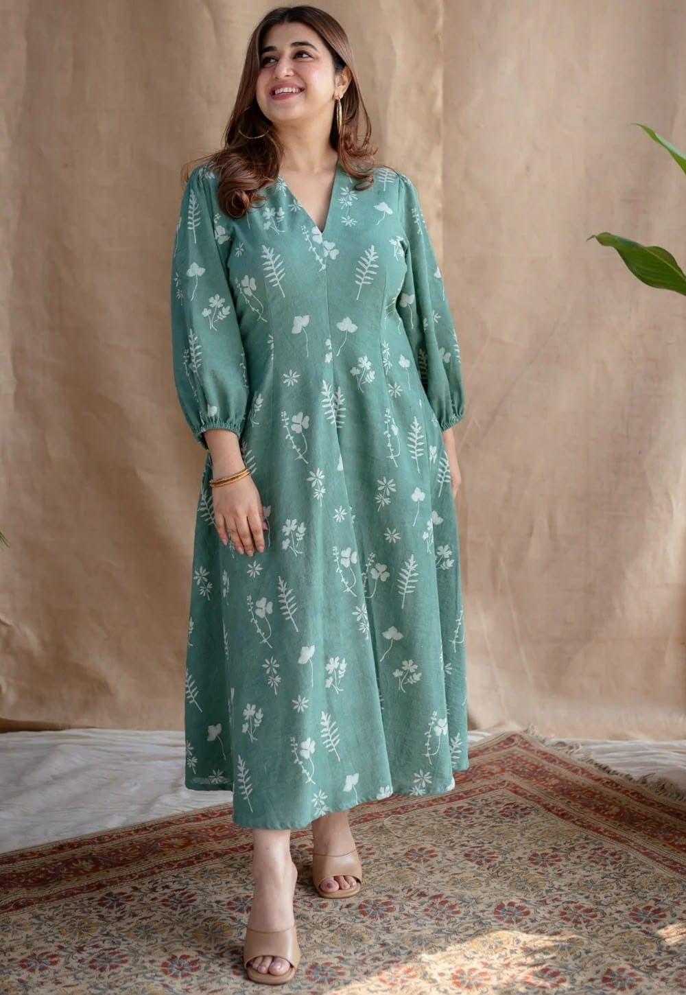 Sage Green Floral Print Maxi Dress for Women