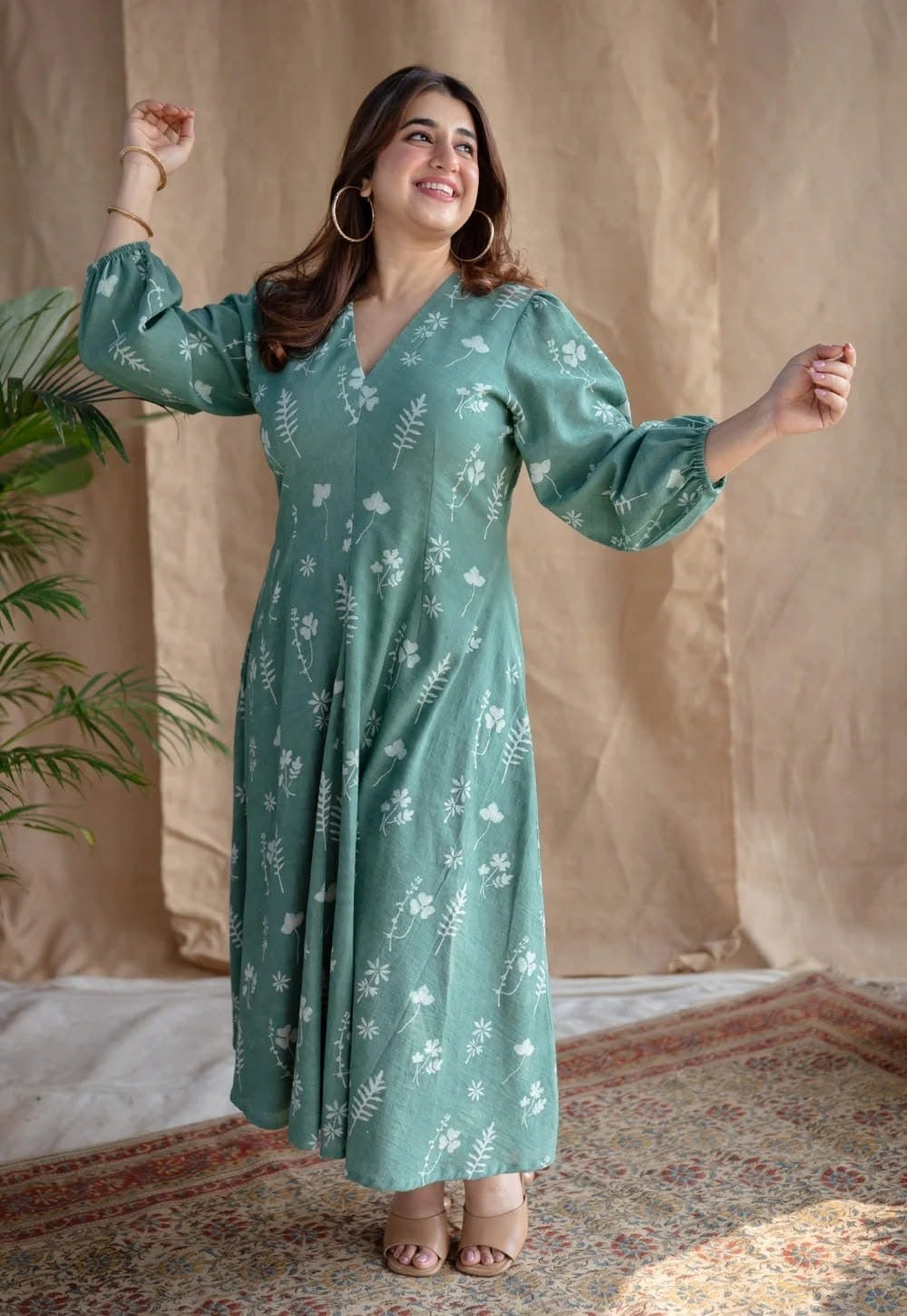 Sage Green Floral Print Maxi Dress for Women