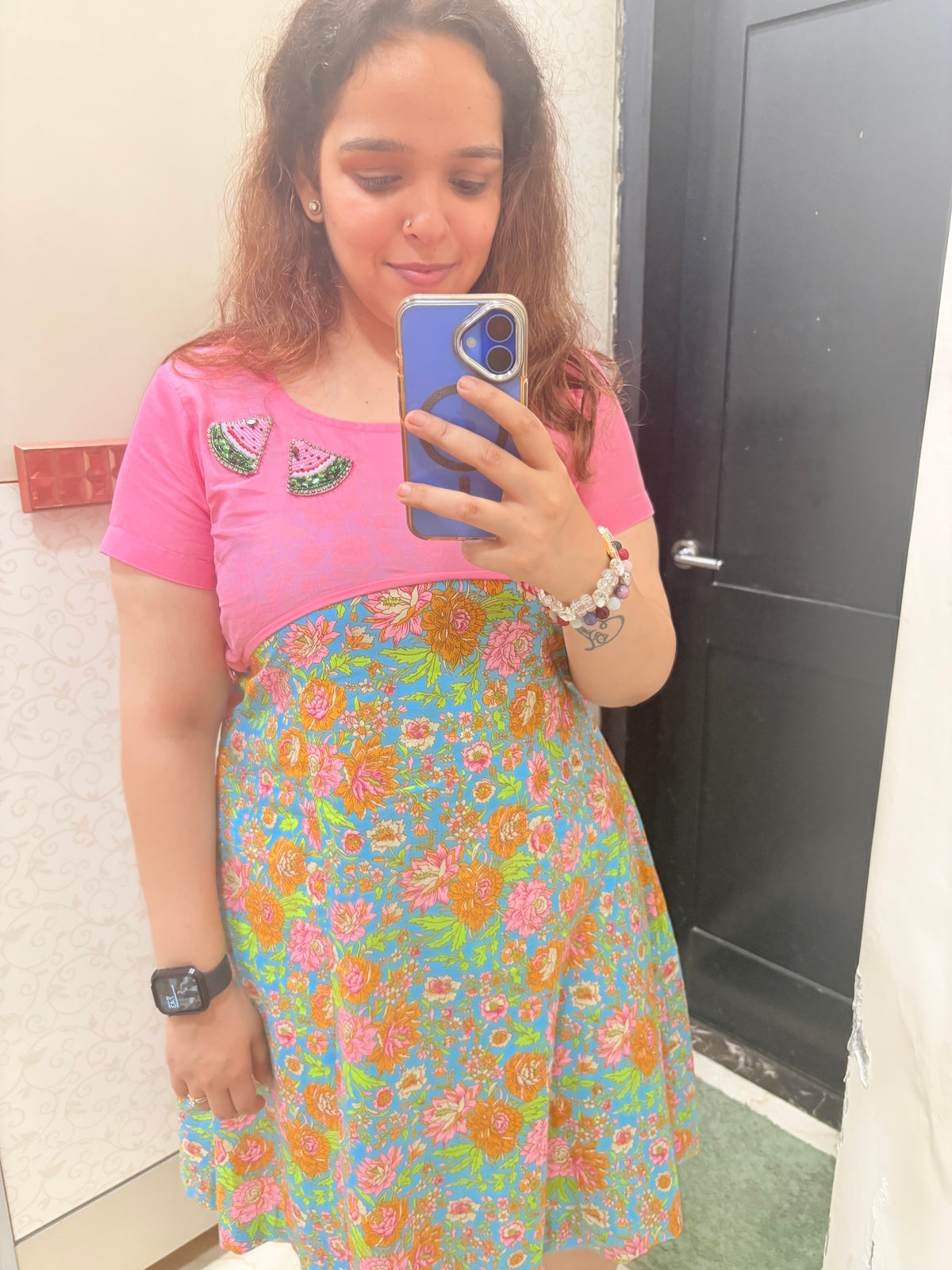 Pink Multicolour Floral Print A-Line Cotton Dress