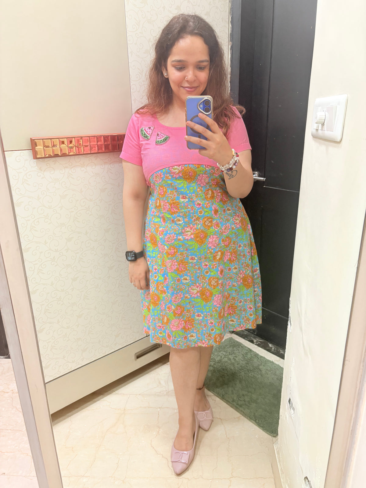 Pink Multicolour Floral Print A-Line Cotton Dress
