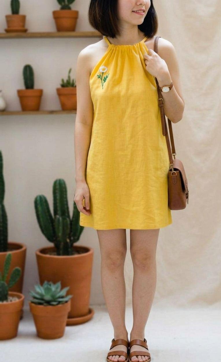 Yellow Floral Embroidered Halter Dress for Women