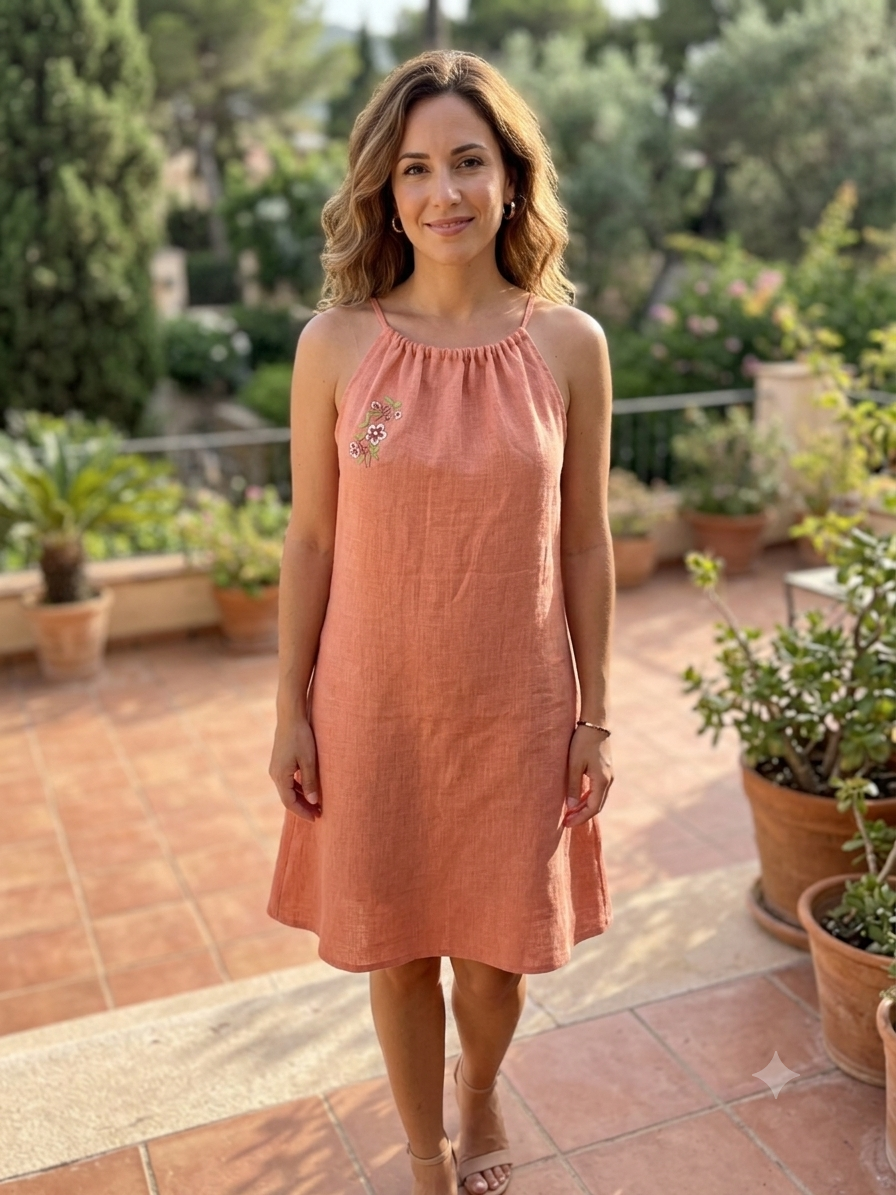 Peach Floral Embroidered Halter Dress for Women