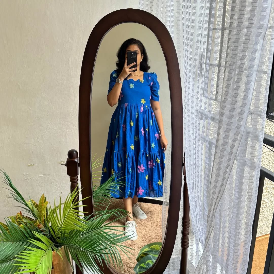 Royal Blue Floral Embroidery Cotton A-Line Midi Dress