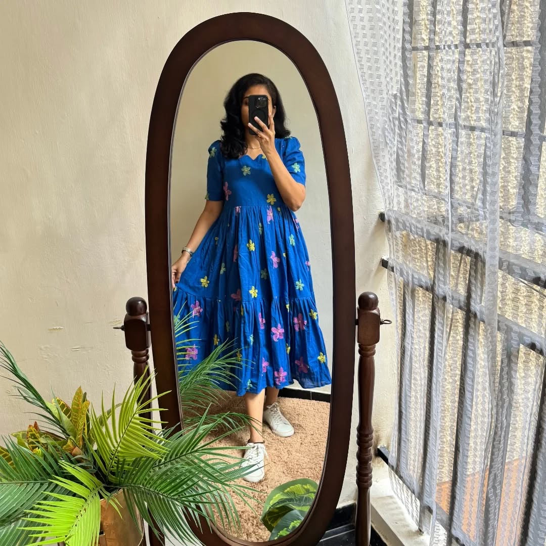 Royal Blue Floral Embroidery Cotton A-Line Midi Dress
