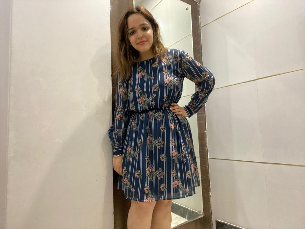 Navy Blue Striped Floral Print A-Line Dress