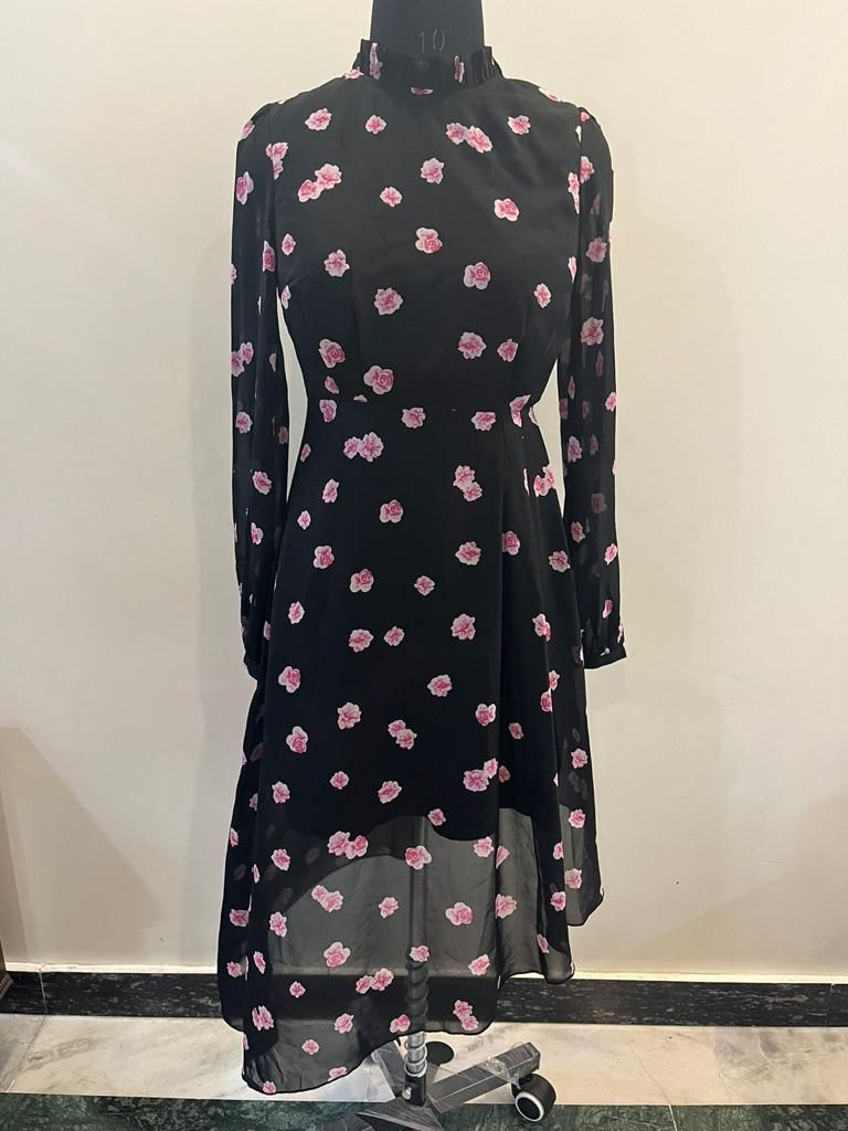 Black Pink Floral Print High-Low Dress for Women