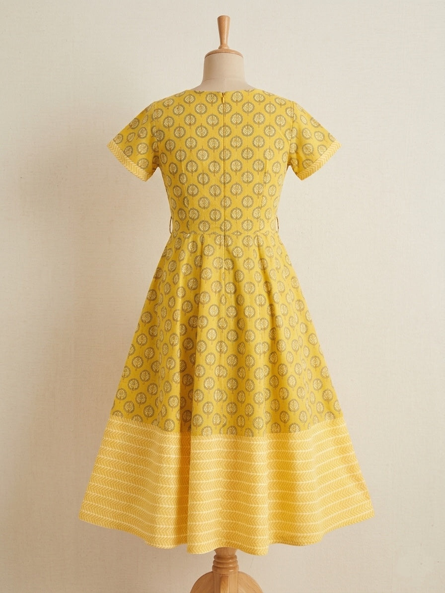 Mustard Yellow Printed Cotton A-Line Midi Dress