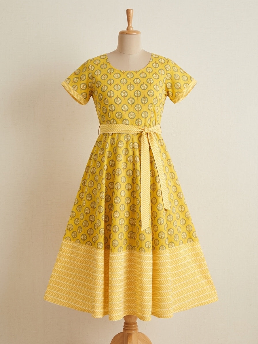 Mustard Yellow Printed Cotton A-Line Midi Dress