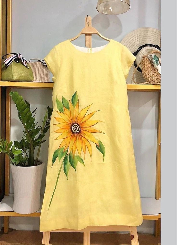 Yellow Hand-Painted Sunflower A-Line Dress for Women
