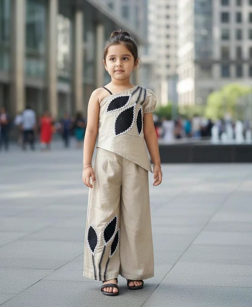 Beige Black Leaf Appliqué Co-ord Set for Girls