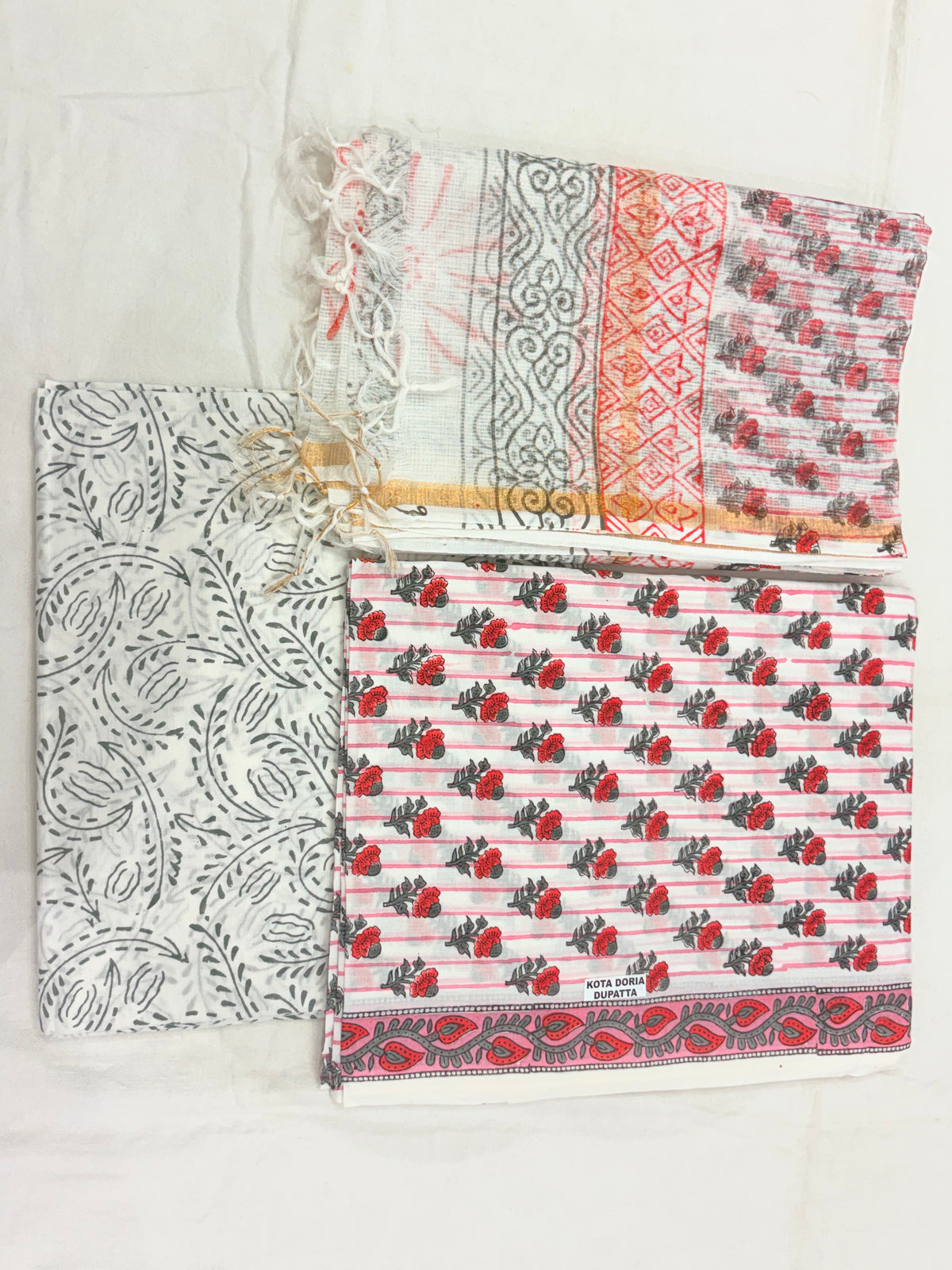 White Red Block Print Semi-Stitched Suit with Dupatta