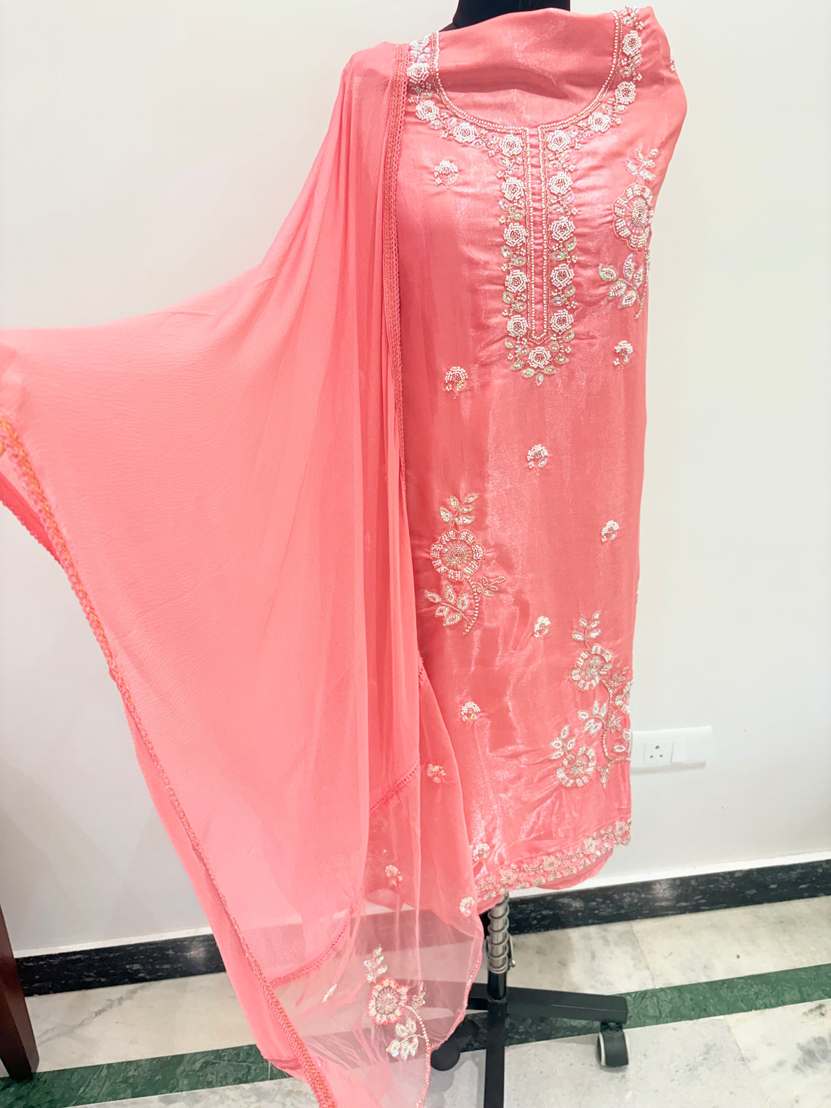 Peach Pink Embroidered Semi-Stitched Suit with Dupatta