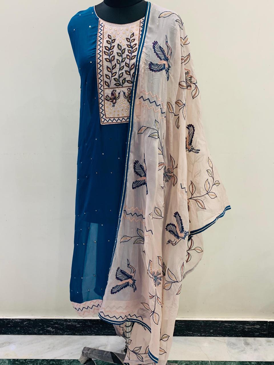 Teal Blue Embroidered Semi-Stitched Suit with Printed Dupatta