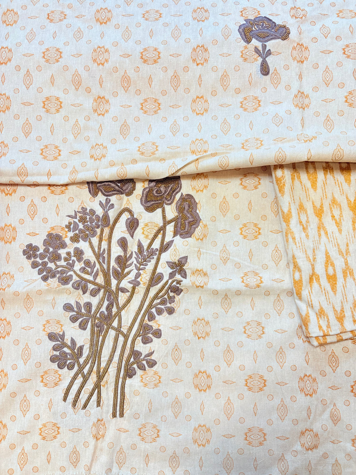 Ivory Mustard Embroidered Semi-Stitched Suit with Dupatta