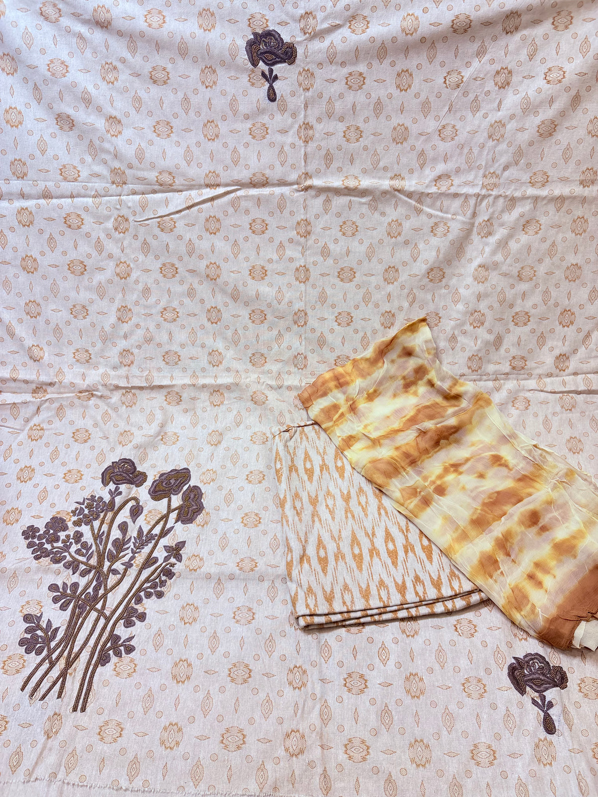 Ivory Mustard Embroidered Semi-Stitched Suit with Dupatta
