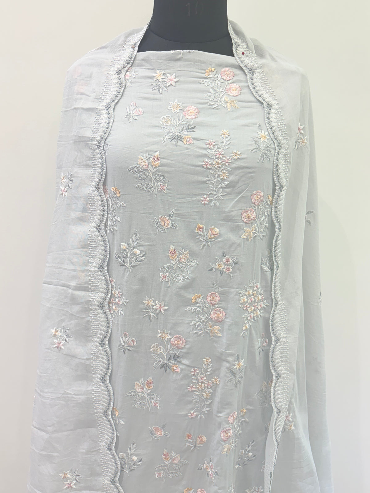 Powder Blue Floral Embroidered Semi-Stitched Suit with Dupatta