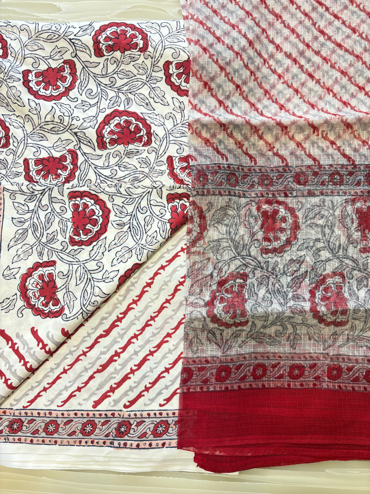 Ivory Red Floral Printed Semi-Stitched Suit with Dupatta