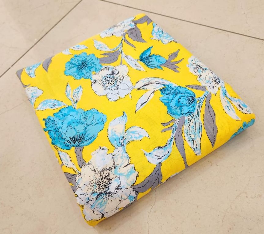 Yellow Floral Printed Running Material Fabric for Women